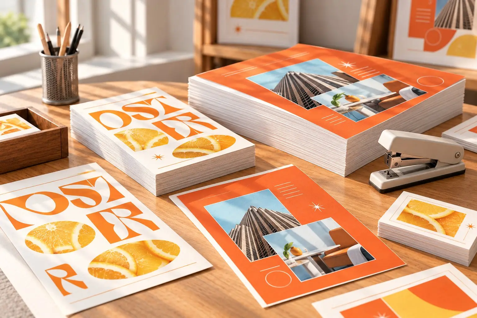 Stacks of printed posters and cards with a stapler on a wooden counter.