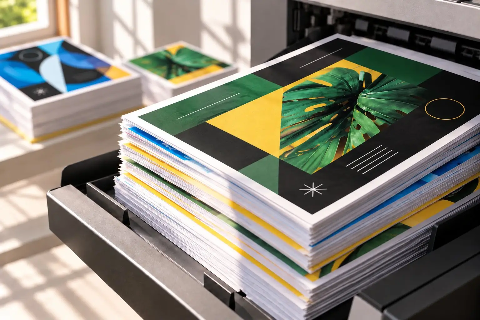 A tall stack of freshly printed colour sheets in a printer’s output tray.