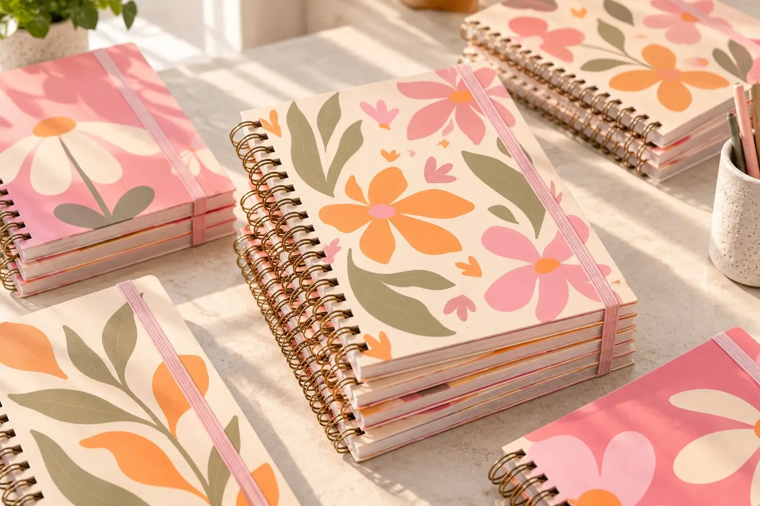 Spiral-bound notebooks with floral laminated covers.