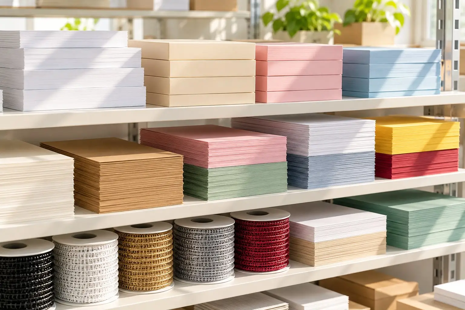 Shelves of paper in several colours, with reels of binding wire.
