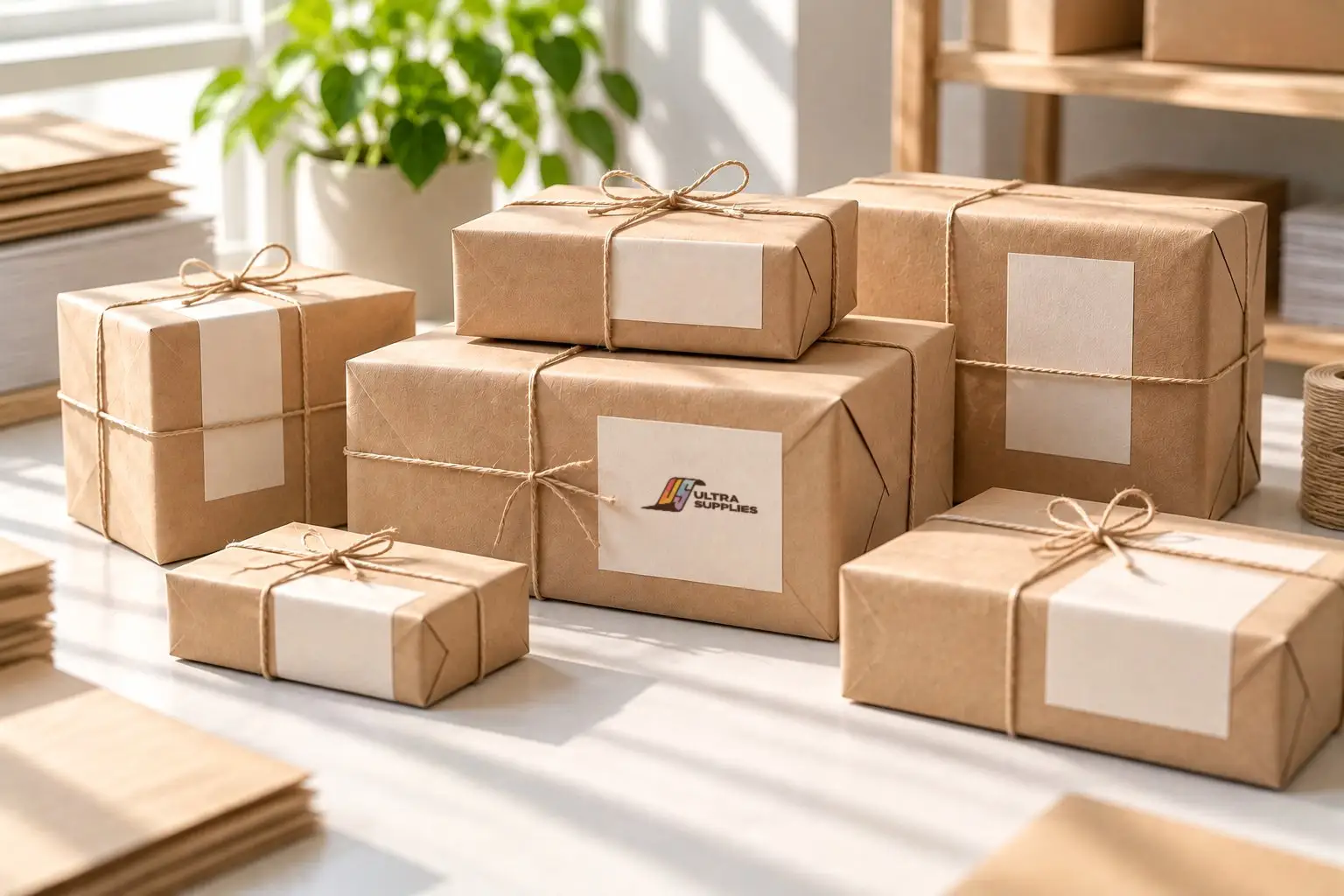 Parcels wrapped in kraft paper and string, one with an Ultra Supplies label, ready for delivery.