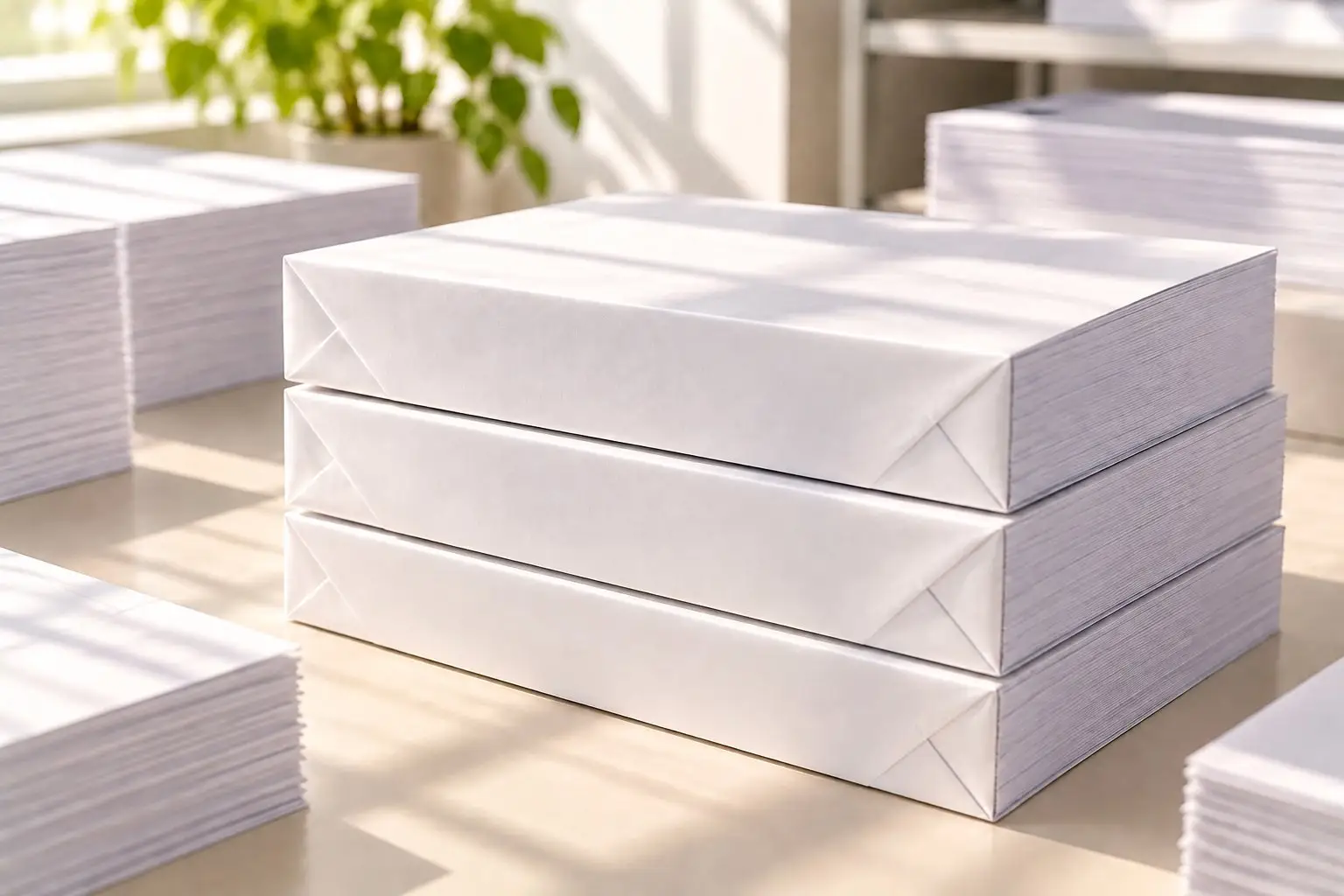 Reams of white paper stacked on a table.