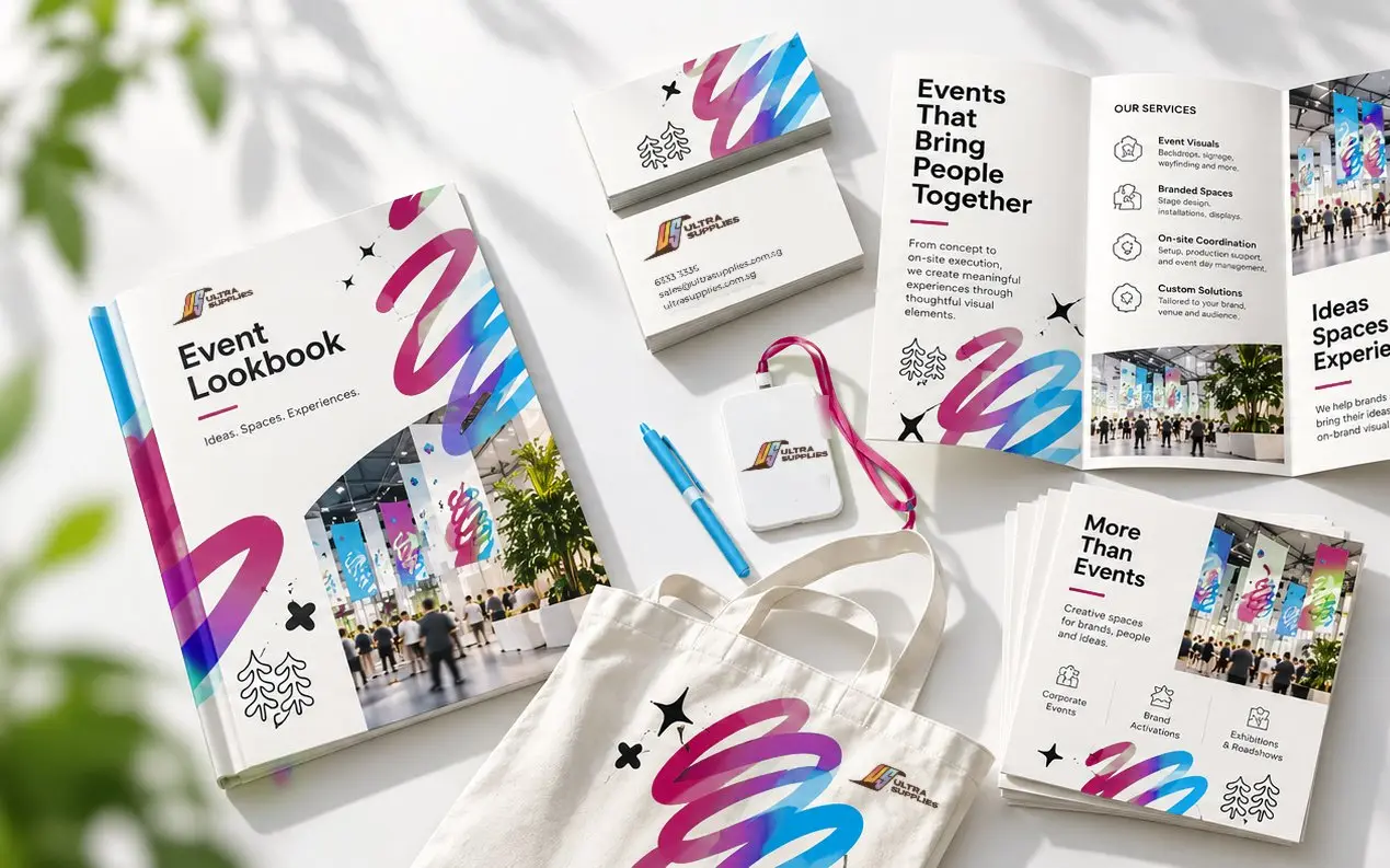 A flat lay of printed event materials in magenta and cyan: a lookbook, a folded brochure, flyers, a lanyard badge, a tote bag and name cards, several with the Ultra Supplies logo.