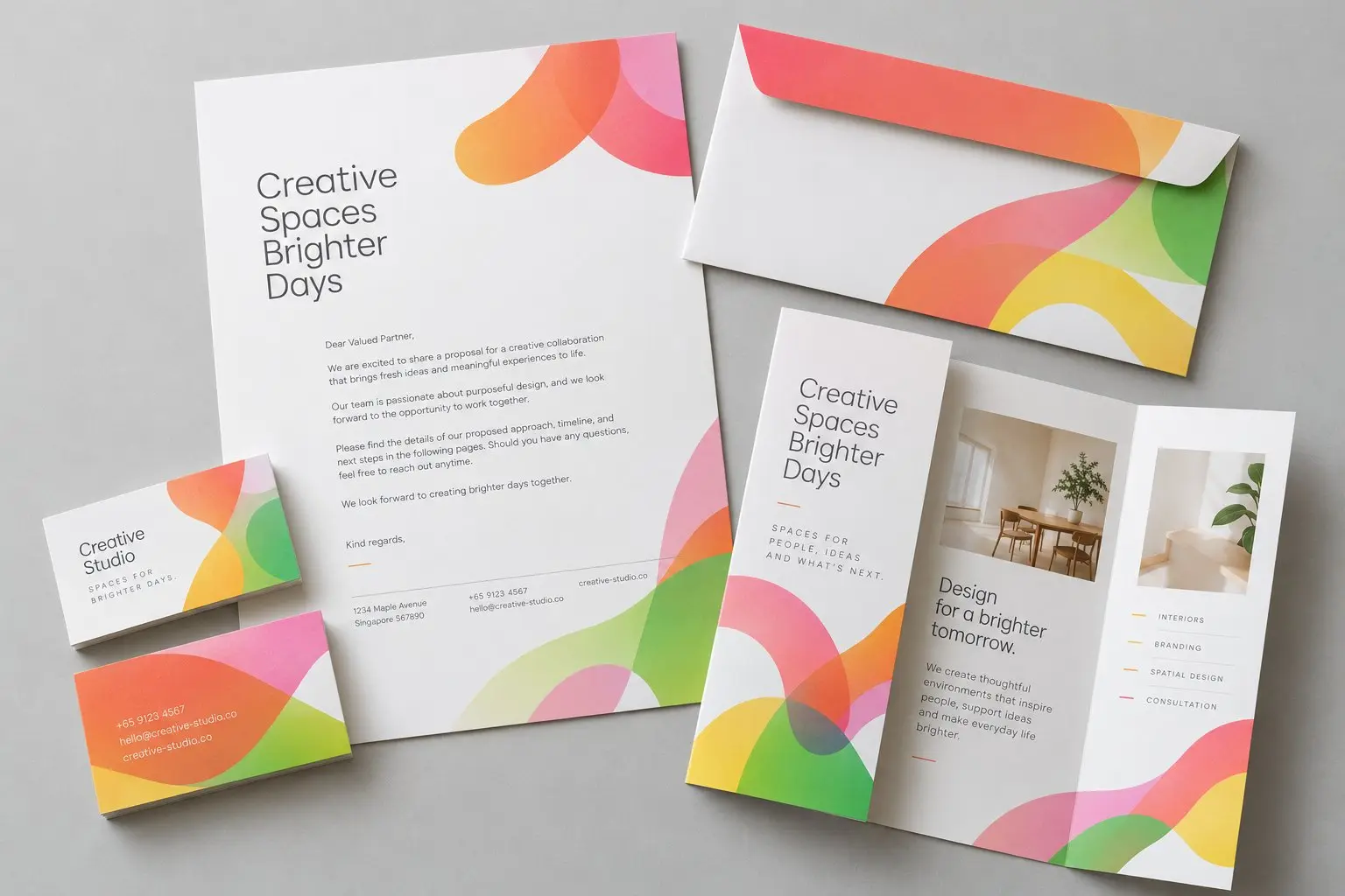 Matching business stationery: a letterhead, an envelope, name cards and a folded brochure.