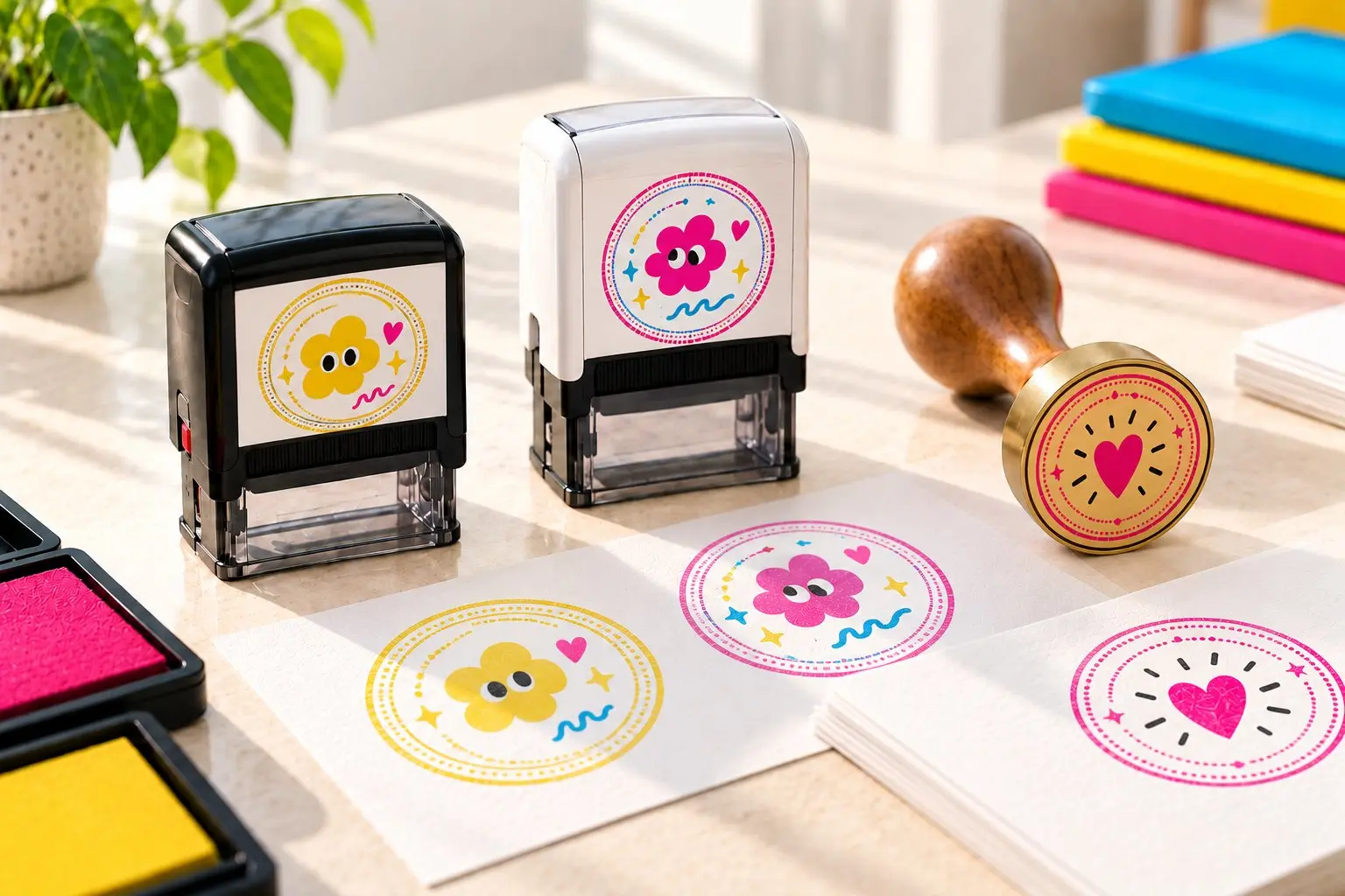 Self-inking stamps and a wooden-handled stamp beside their stamped impressions.