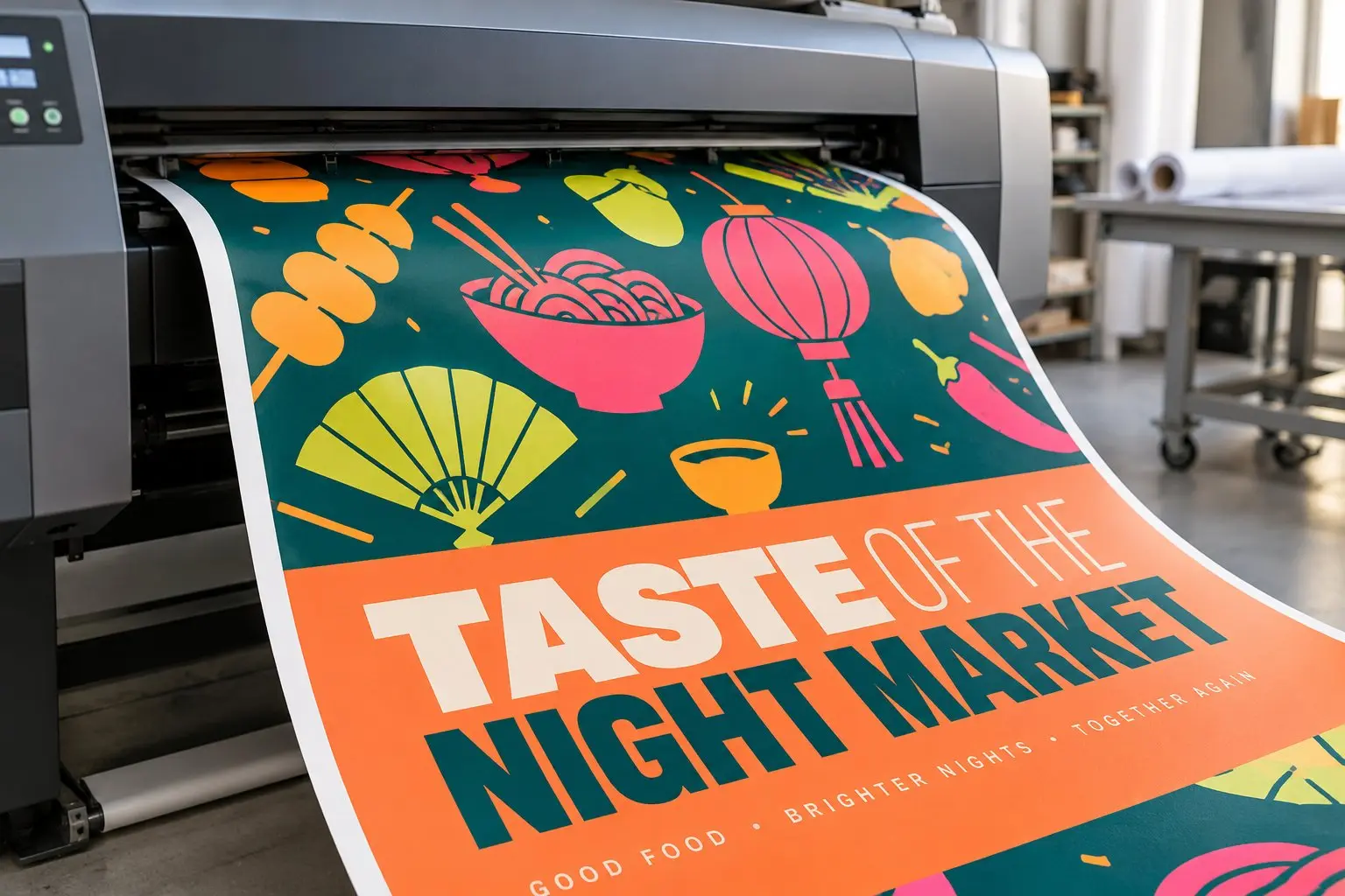 A colourful poster coming out of a wide-format printer.