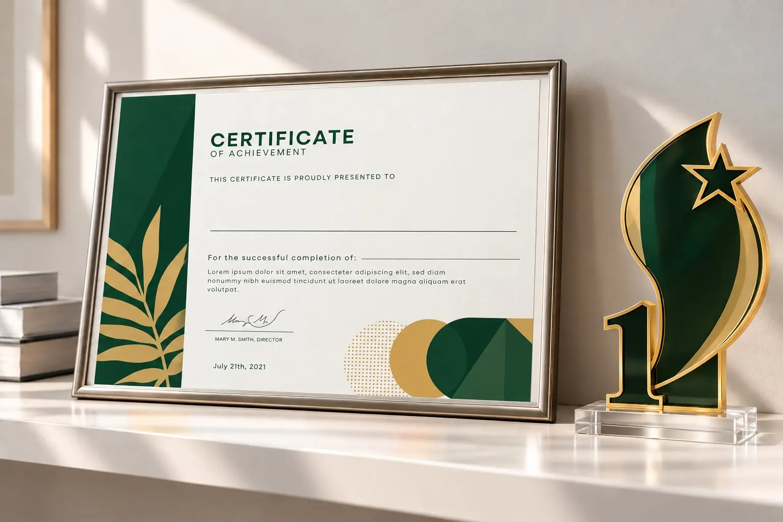 A framed certificate and an award plaque on a shelf.