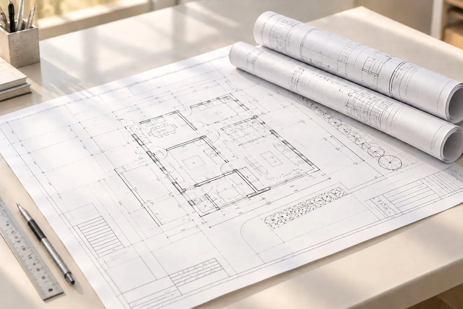 Large architectural plans, one laid flat and two rolled up.
