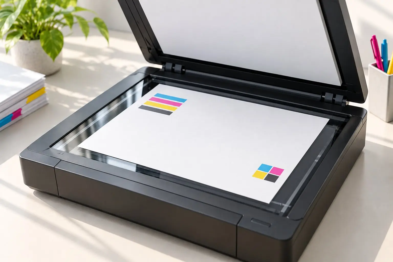 A document lying on an open flatbed scanner.