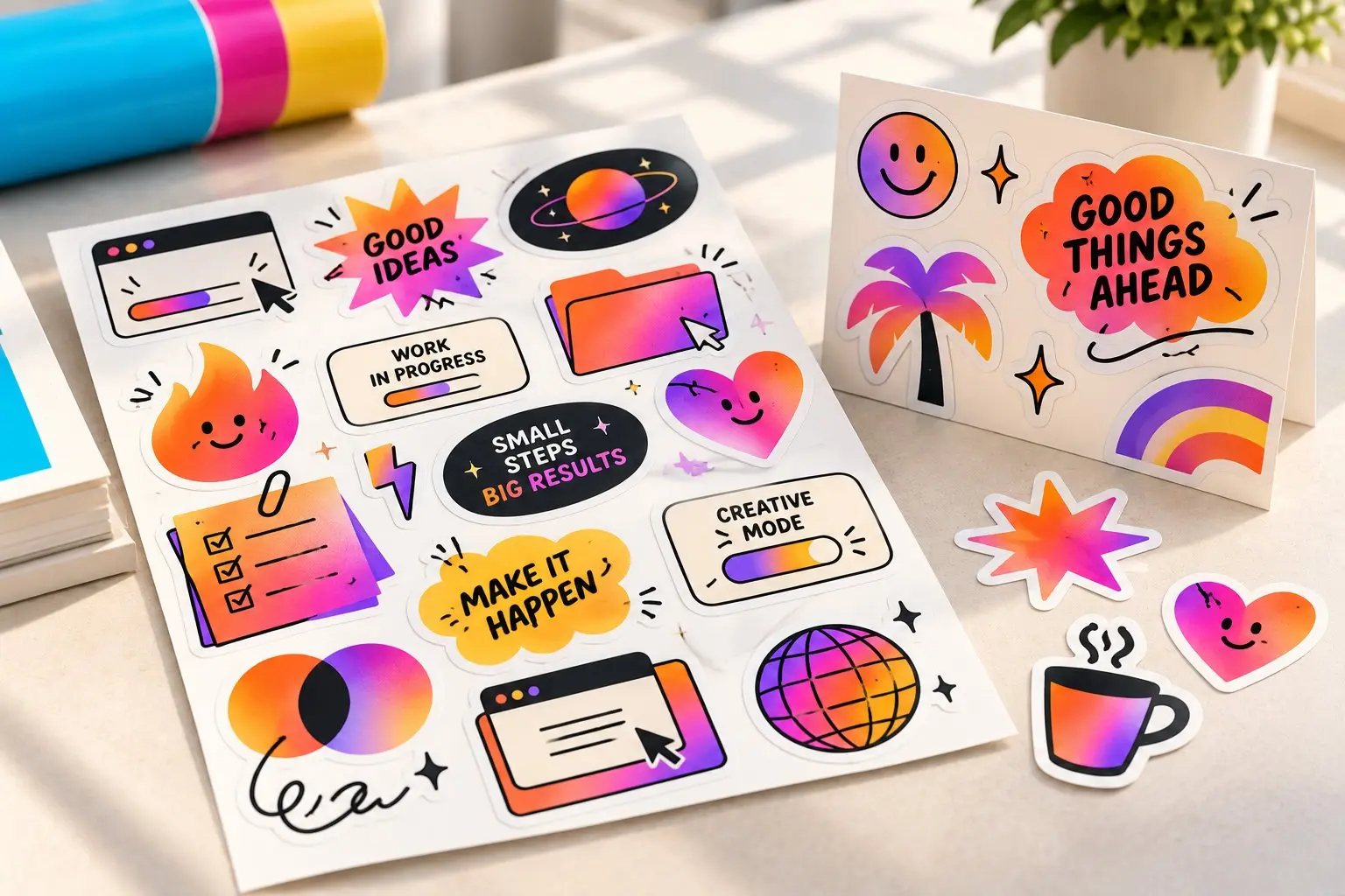 Sheets of colourful die-cut stickers, with a few loose stickers beside them.