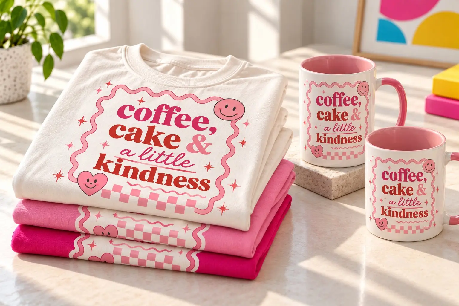 Printed T-shirts and mugs with a matching pink design.